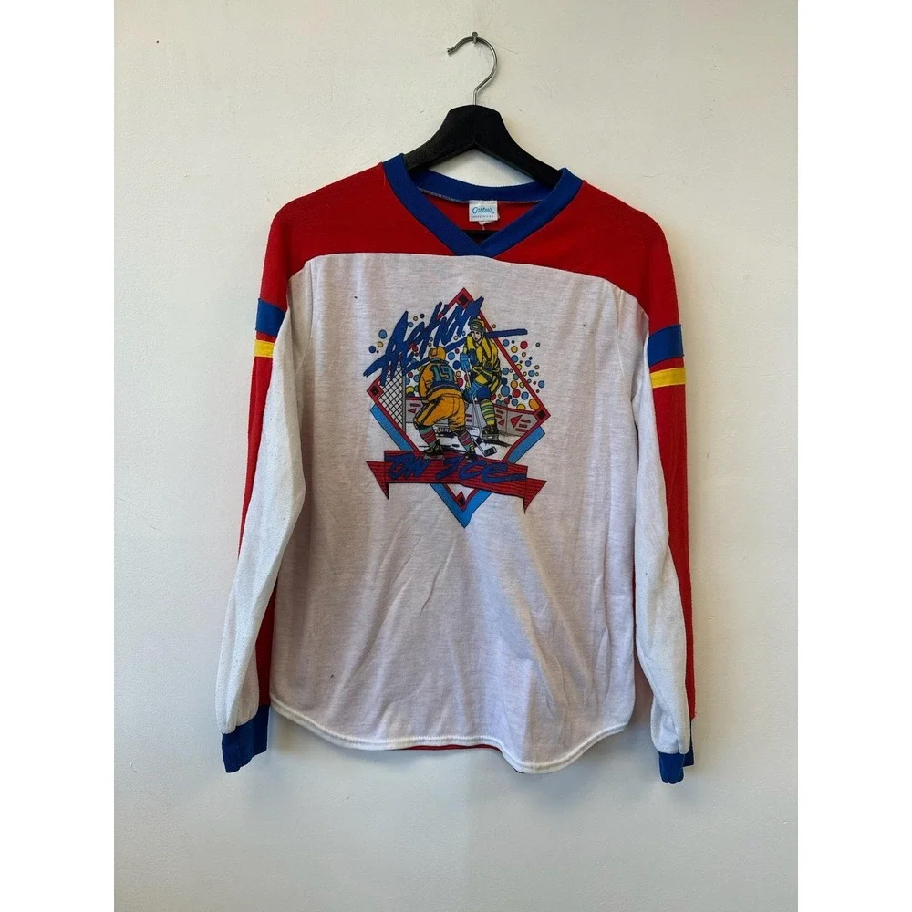 Vintage Carter's Hockey Shirt‎ Youth Large Red White Long Sleeve Made USA 80s
